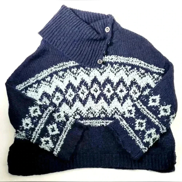 Free People Wool Blend Aztec Chunky Knit Boxy Cropped Cowl Neck Sweater … - Picture 4 of 11